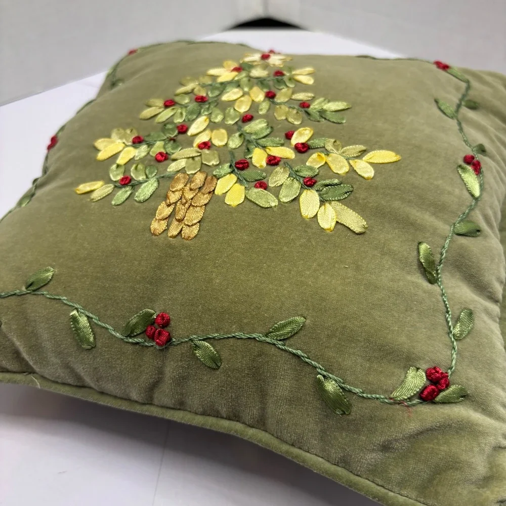 Vtg Christmas Tree Ribbon Embroidery Velvet Throw Pillow Sage Green Holiday